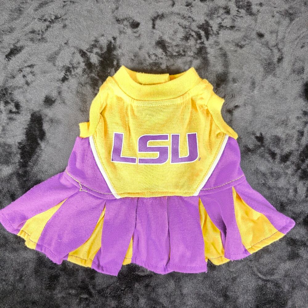 LSU Dog Cheerleader Purple & Gold Pleated Dress Sz S Crew Neck Hook & Loop Strap